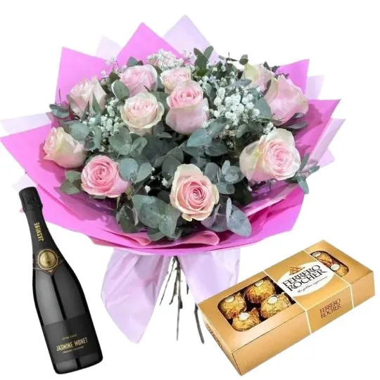 Ramo rosas rosadas importadas rocher x8 y espumante